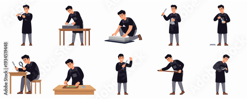 Cartoon Diverse Jeweler with Different Poses and Tools Character Set