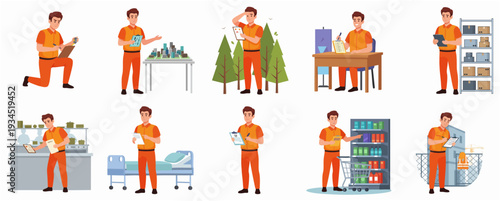 Cartoon Style Diverse Professions and Scenarios Featuring a Man Character