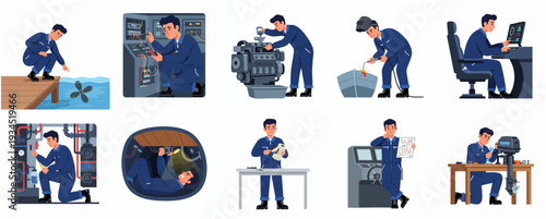 Illustrated Diverse Marine Mechanic Character in Various Repair Scenarios Set of Icons