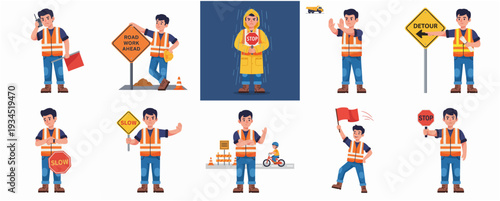 Cartoon Road Construction Worker Set Illustration with Traffic Sign and Equipment