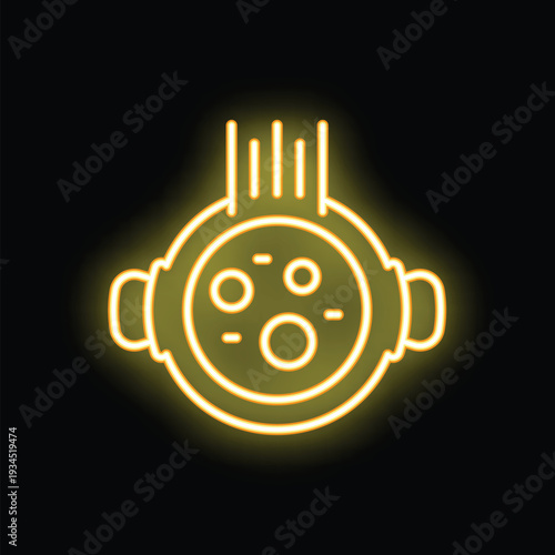 Yellow neon sign of a bowl with hot steaming food, on a black background