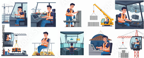 Flat Style Construction Site Crane Operator Illustration in Different Situations Set