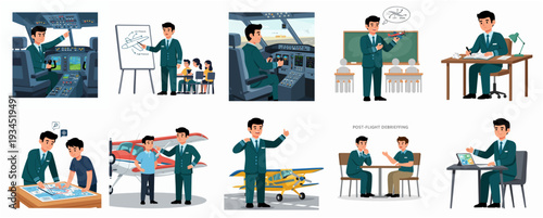 Cartoon Detailed Pilot Instructor Education and Flight Training Aviation Profession