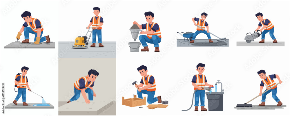 Fototapeta premium Simple Style Worker Character Construction and Road Repair Operation Process Icon Set