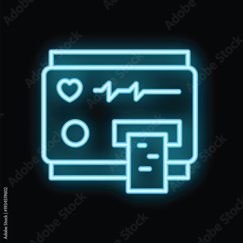 Neon medical device printing ekg rhythm on paper roll icon in line style on black background