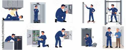 Illustrated Professional Elevator Maintenance and Repair Tasks Detailed Flat Design Set