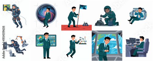 Cartoon Style Diverse Characters in Space Exploration and Scientific Research Set