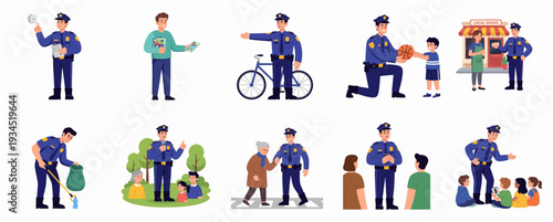 Flat Illustration Policeman Activities Set with Different Scenes in Daily Life