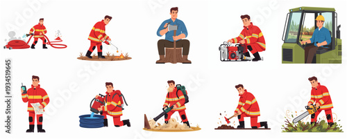 Cartoon Style Detailed Set of Firefighter in Different Action Occupation