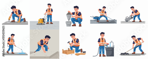 Simple Style Worker Character Construction and Road Repair Operation Process Icon Set