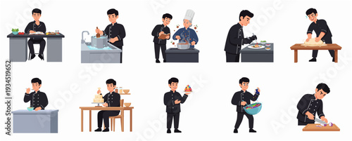 Detailed Flat Illustration Set of Chef in Various Cooking Activities