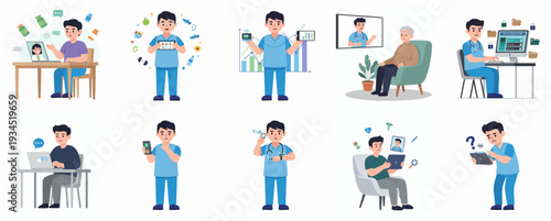 Cartoon Flat Design Medical Man Telemedicine Service Characters Set Illustration