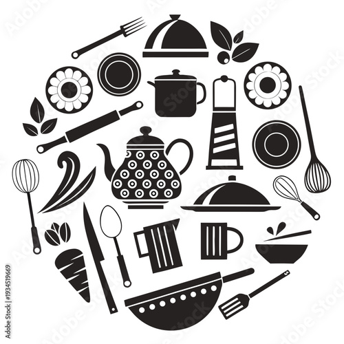 Kitchen items and cooking equipment in a circular arrangement, including pots, pans, cutlery, and food ingredients