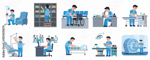 Illustrated Detailed Medical Staff Activity Set Healthcare and Hospital Concept