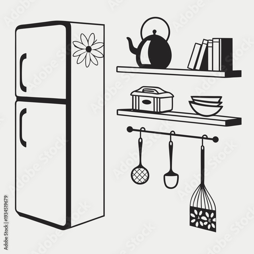 Kitchen interior with refrigerator shelves and utensils for cooking preparation and serving drinks and food items for modern home