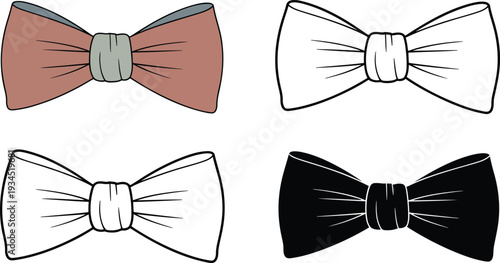 Bowtie silhouette & Outline and illustration set isolated on transparent background