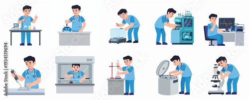 Flat Illustration Set of Male Scientist Working in Lab Process