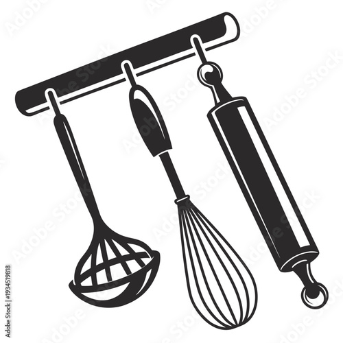 A kitchen utensil set with slotted ladle whisk and rolling pin hanging on a rod for culinary cooking baking vector
