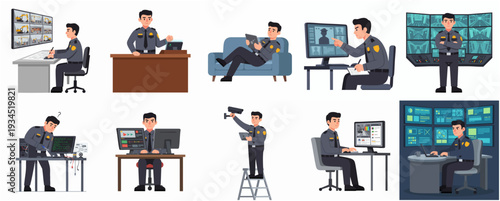 Flat Character Security Guard Working Different Actions Emoticon Illustration