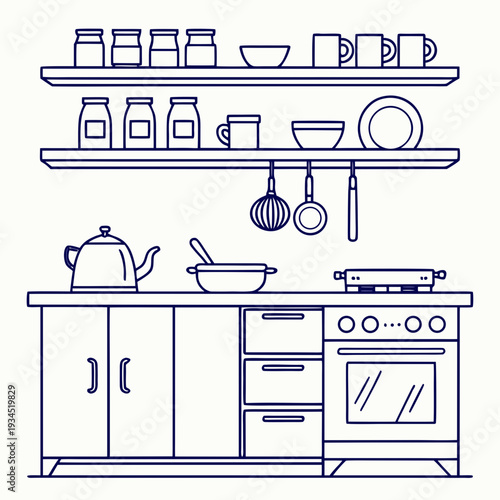Kitchen interior with shelves and kitchenware set of utensils, stove, oven, cabinets, and appliances for cooking in linear style