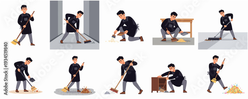 Flat Style Detailed Janitor Sweeping Floor with Broom Cleaning Collection