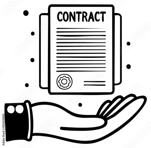 Hand Offering a Contract Document with Seal and Abstract Dots