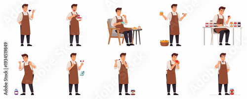 Illustrated Man in Apron Tasting Jam and Preserves with Variety Poses
