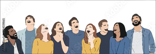 Diverse group of young adults standing together and expressing shock or surprise from various viewpoints