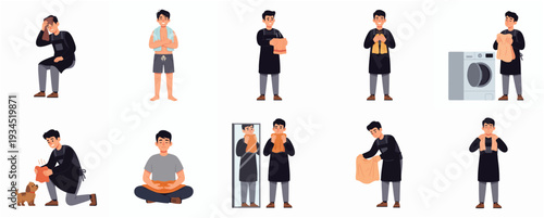 Flat Design Man Doing Daily Routine with Towel Laundry Illustration