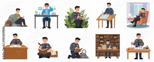 Cartoon Style Diverse Man Reading Book in Various Poses Illustration Set
