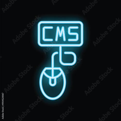 Blue neon icon of a computer mouse connected to a cms system, representing online content management