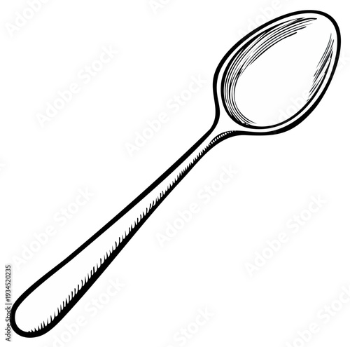 Hand drawn sketch of a single metal spoon with engraved lines on its bowl and handle
