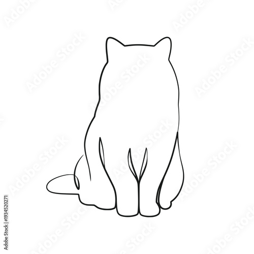 Fluffy Cat Sitting Front View Continuous Line Art Minimalist Vector