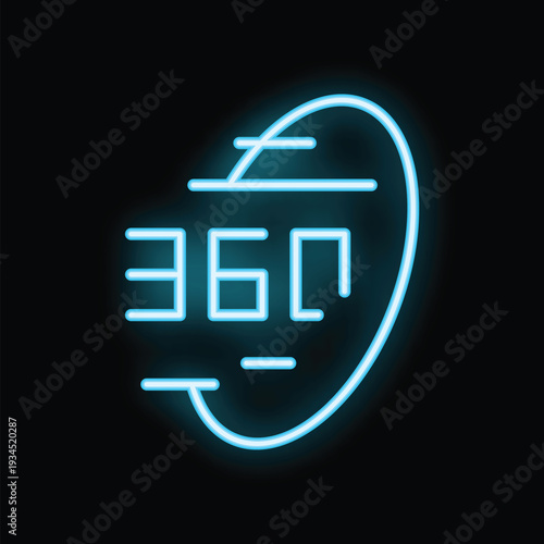 Blue neon sign showing a 360 degrees rotation symbol on a black background