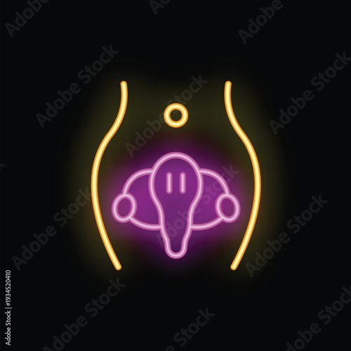 Neon sign illuminating female reproductive organs, emphasizing the uterus, ovaries, and fallopian tubes