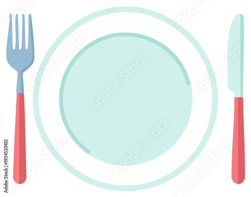 Minimalist illustration of a plate fork and knife set on white background