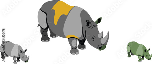 Isometric rhinoceros illustration set, minimalist safari rhino animal icon in multiple color variations