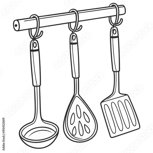Kitchenware set of three tools including ladle slotted spoon and spatula hanging on a horizontal bar isolated on white background line drawing