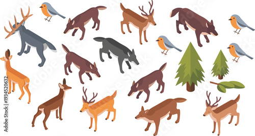 Isometric woodland animals set, deer wolves birds and pine trees forest wildlife illustration collection