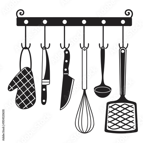 Kitchen utensils hanging on a rack black and white vector illustration for cooking themes and home interior design projects