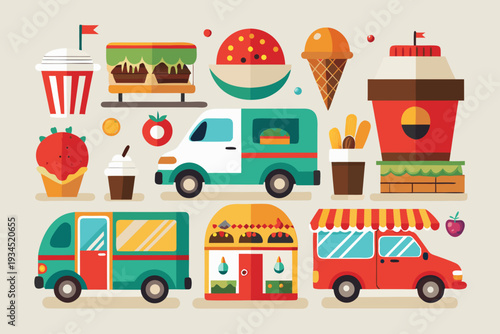A colorful vector graphic illustration of food trucks and various fast food items