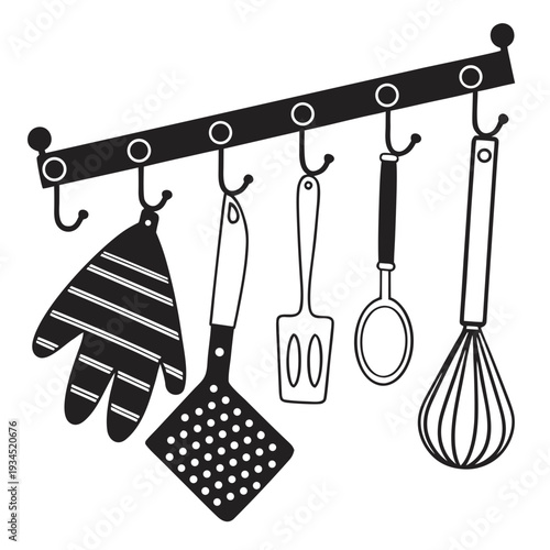 Kitchen utensils hanging on a rack oven mitt, slotted turner, spatula, spoon, and whisk vector illustration