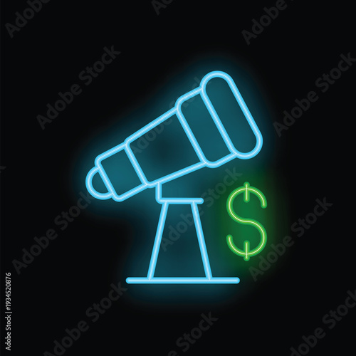 Blue neon telescope searching for green neon dollar sign on a black background