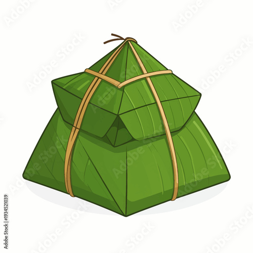 Close‑up view of a vibrant cartoon illustration depicting a pyramid‑shaped food wrapped in green leaves and tied with yellow strings, presented on a clean white background for a culinary showcase