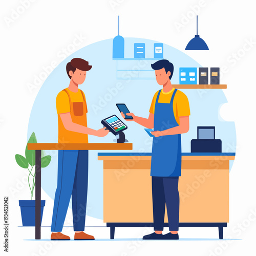 Two men exchanging a transaction at a light brown counter, one holding a tablet and the other a smartphone, illustrated from a frontal viewpoint in a friendly retail environment