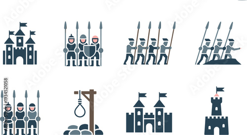 Medieval castle and knight soldiers vector illustration set, flat minimalist military icons isolated on light background design collection