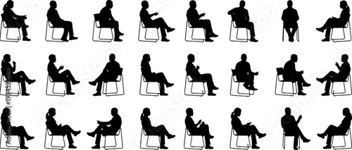 Silhouettes of people seated on chairs various postures gestures communication interaction body language study design concept flat vector illustration