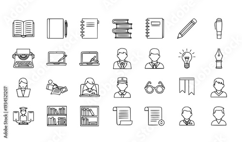 Creative Writing and Reading Line Icons Set – Books Notebook Education Vector Collection Isolated on White Background