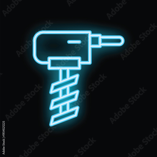 Blue neon sign depicting a drill, illuminating a dark background with its vibrant glow
