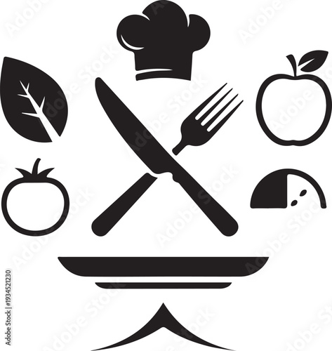 Restaurant kitchen cooking utensils and ingredients symbols for culinary services and food preparation